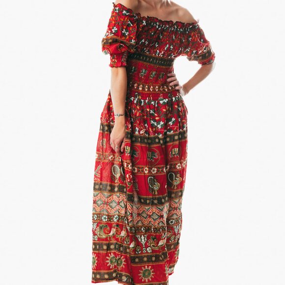 Red peasant maxi dress short sleeve off shoulder boho summer floral tie dye - Picture 4 of 4